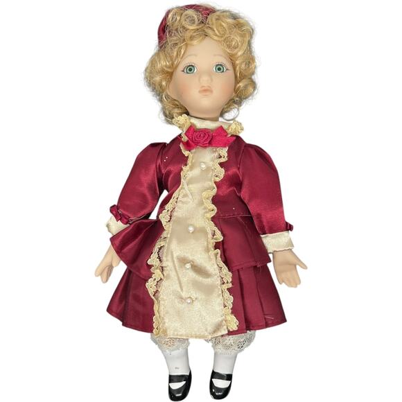 Porcelain Girl Doll in Burgundy Victorian Dress with Blonde Curls - Picture 11 of 11